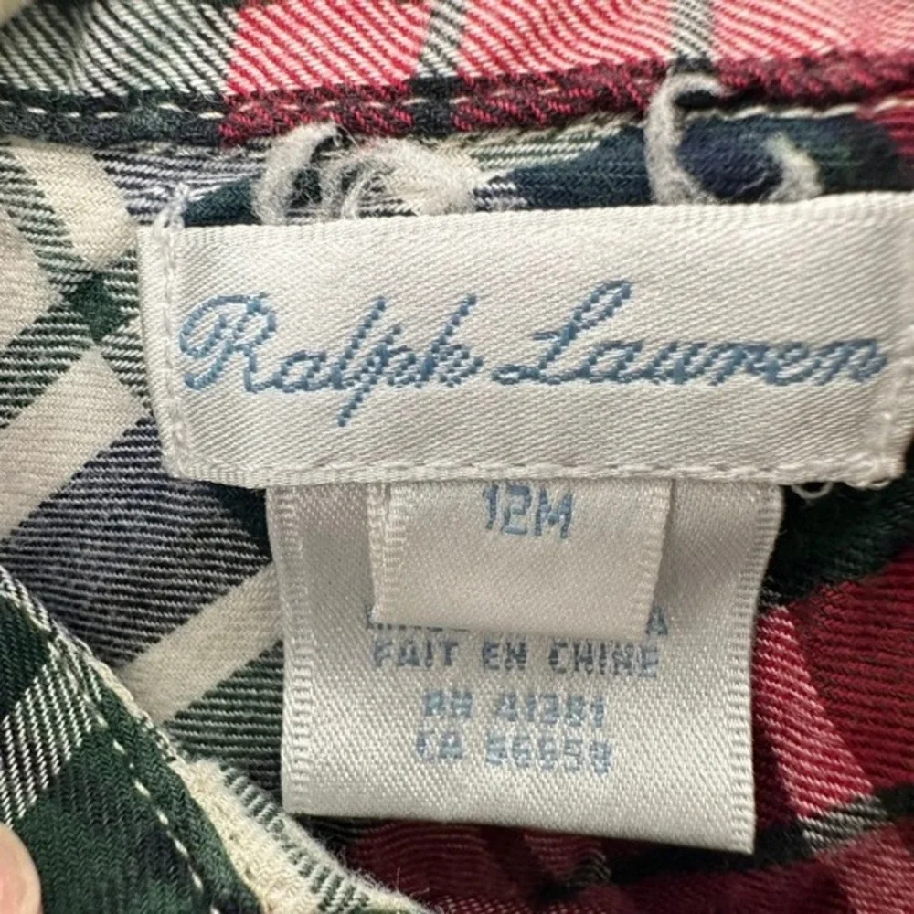 Ralph Lauren Embroidered Plaid Ruffle‎ Shirt Dress Holiday Winter Girls Size 12M